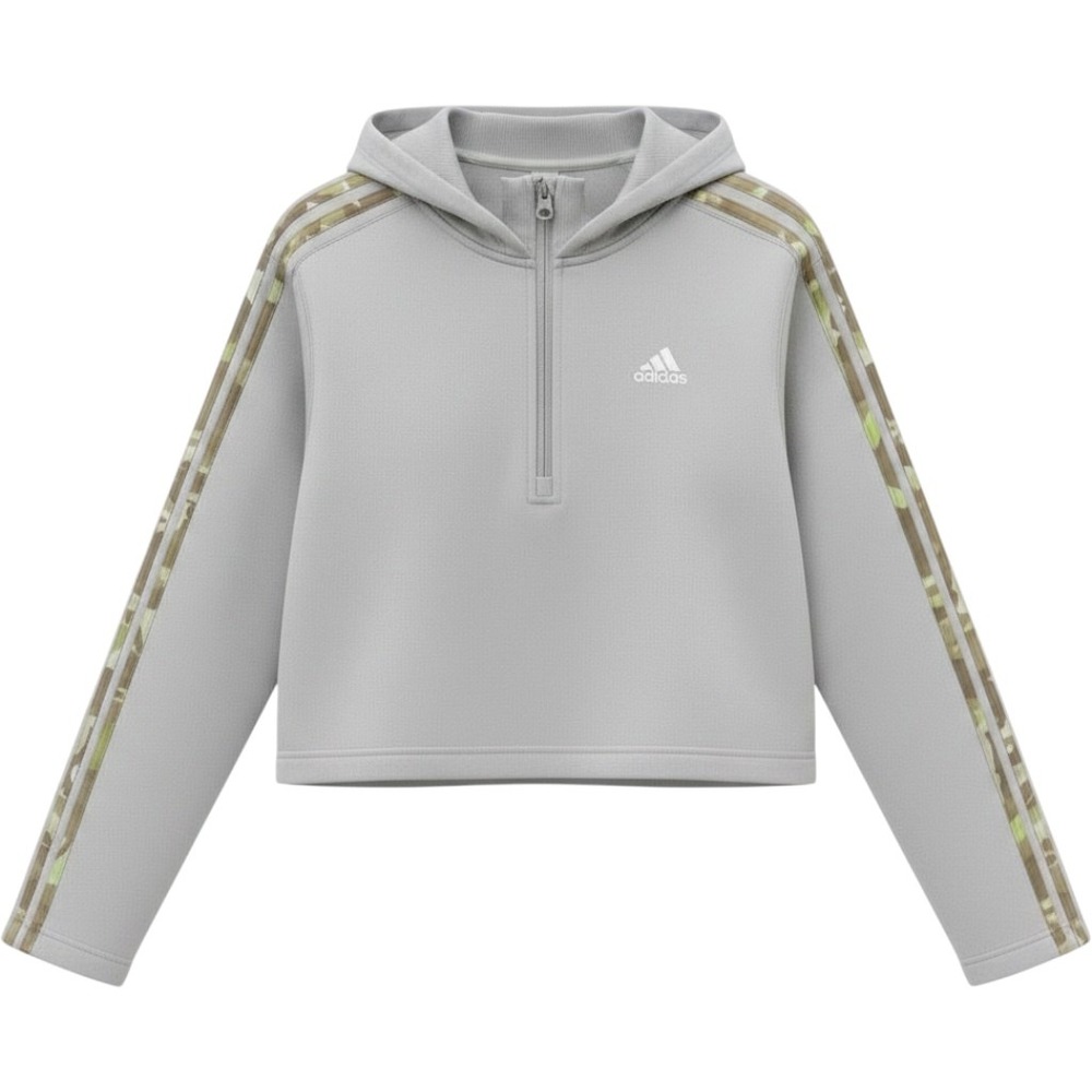 ADIDAS Quarter Zip Hoodie Womens Medium Grey Camo 3-Stripes Cropped Pullover